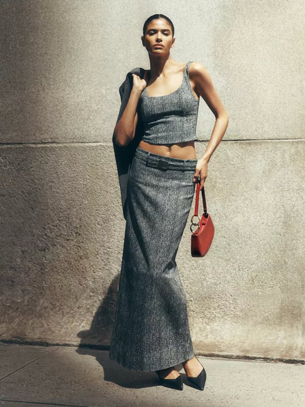 STAUD Wells Top XS Herringbone Tweed Crop Top